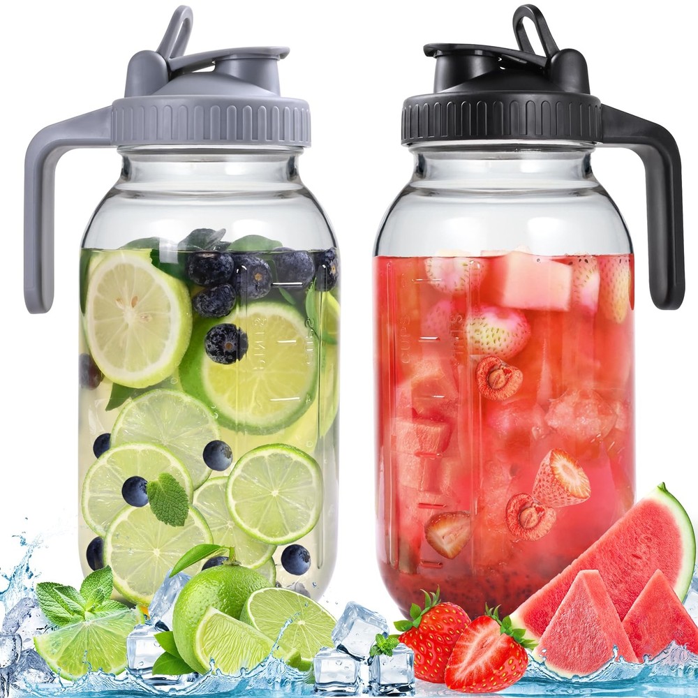2-Pack 64OZ Leakproof Glass Pitchers with Lids - Airtight Mason Jars Wide Mouth Design