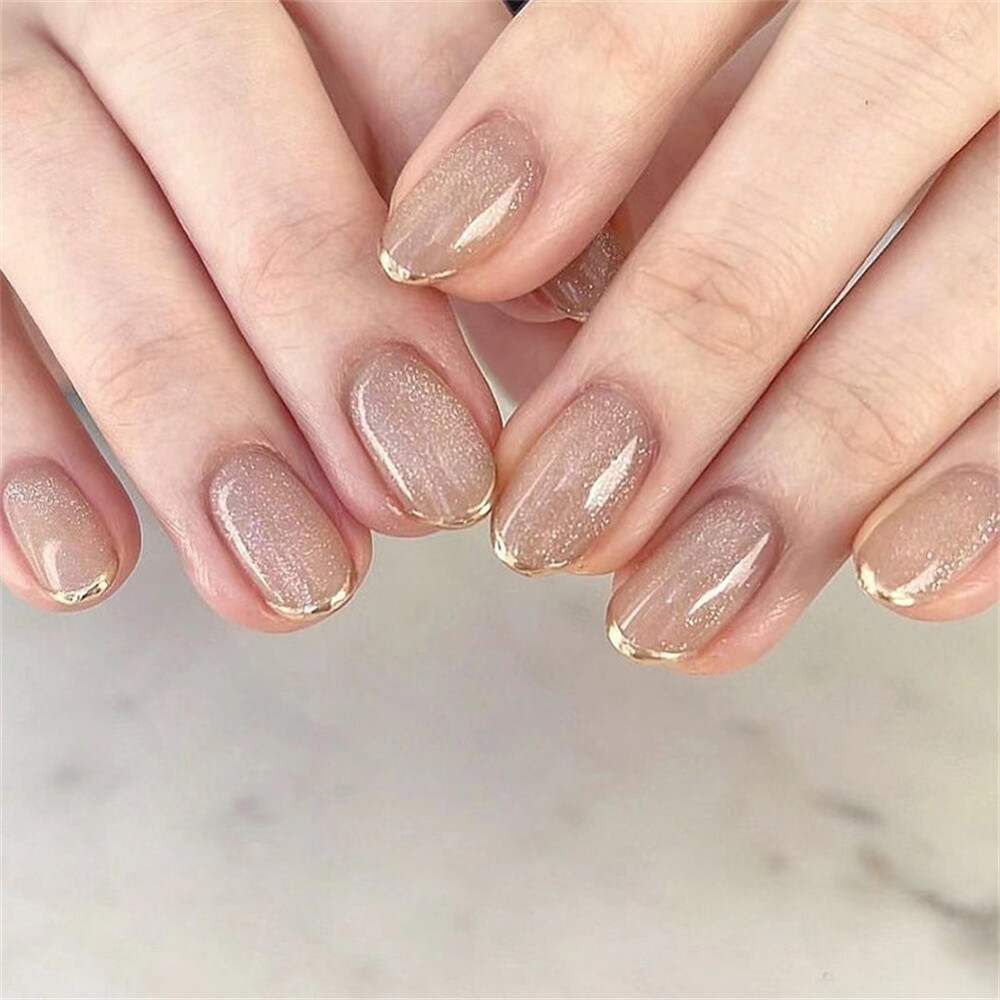 Shiny Gold French Short Almond Press On Nails 24pcs for Nail Art
