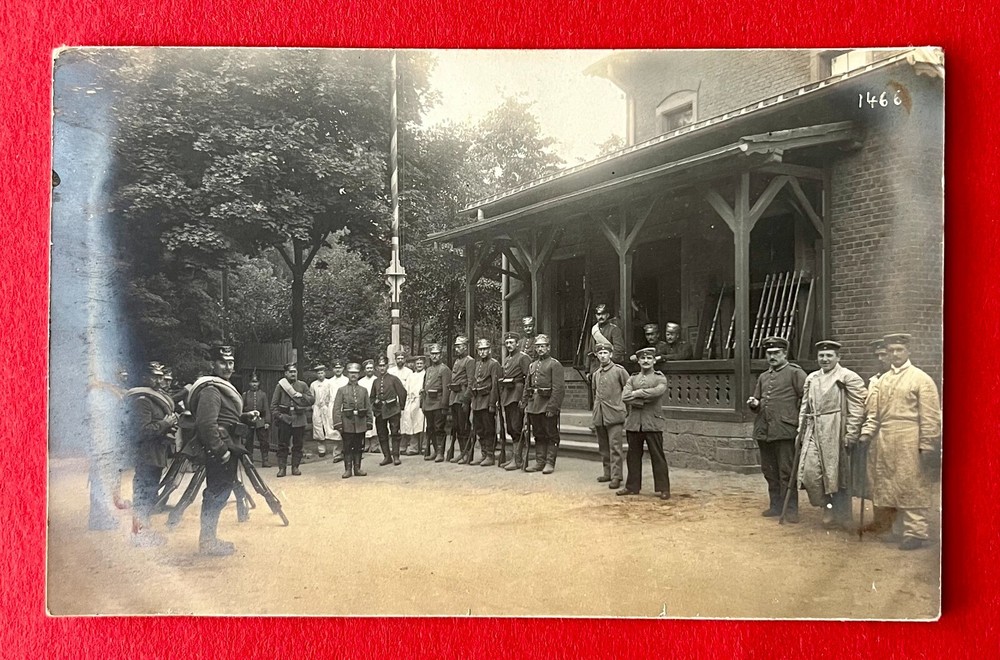Military photo postcard Königsbrück 1st WW 1915 Landsturm Soldiers Guard Appeal (159702