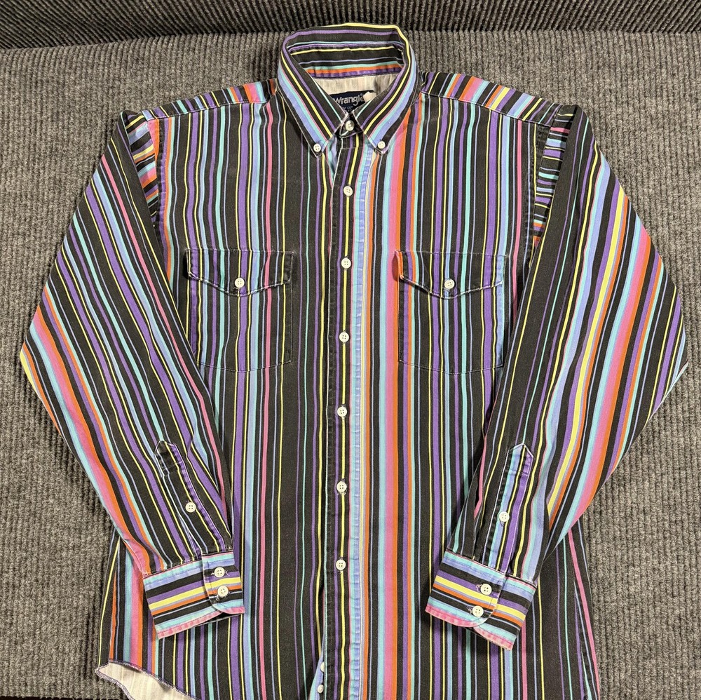 Vintage Wrangler Shirt Mens Medium Cowboy Cut Stripe X-Long Tails Button Up USA