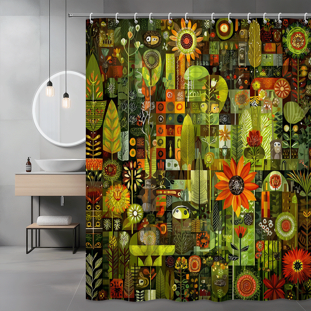 Boho Floral Shower Curtain Green Orange Botanical Print