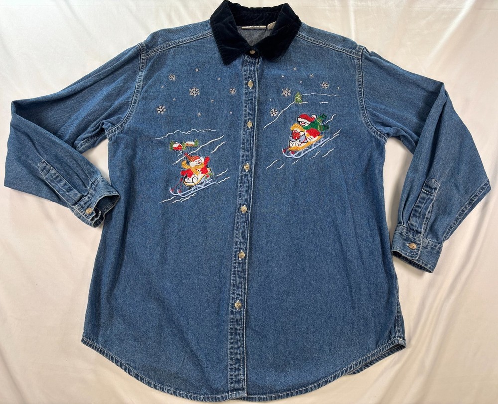 Vtg Denim Shirt Sz M Embroidered Christmas Snowman 100% Cotton Basic Editions