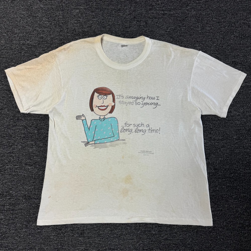 Vintage 90s Shoebox Greets Parody Woman Funny Young T-Shirt Sz XL Single Stitch
