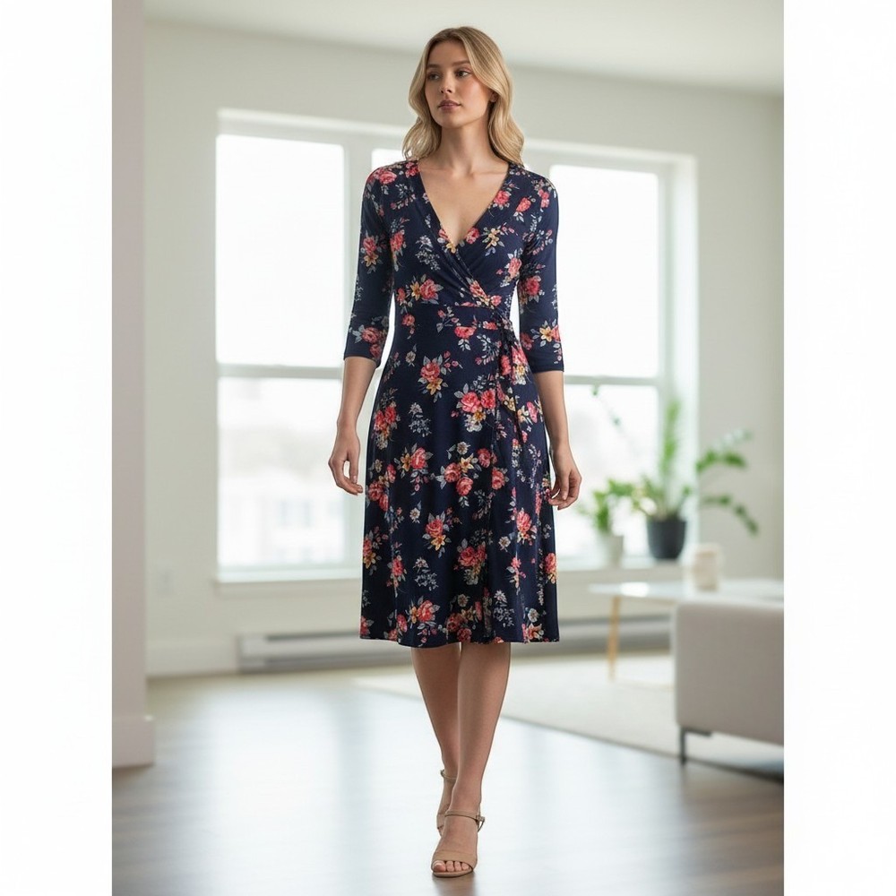 Melissa Masse Navy Blue Floral Faux Wrap Dress Short Sleeve Small Made in USA