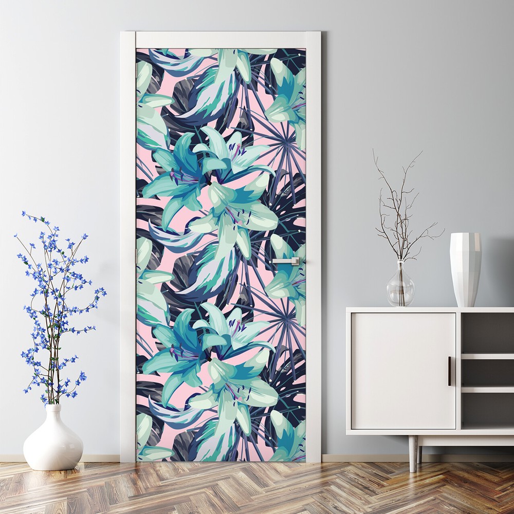 Bubble Free Door sticker Blue lily tropical Serenity & Quartz Rose Floral