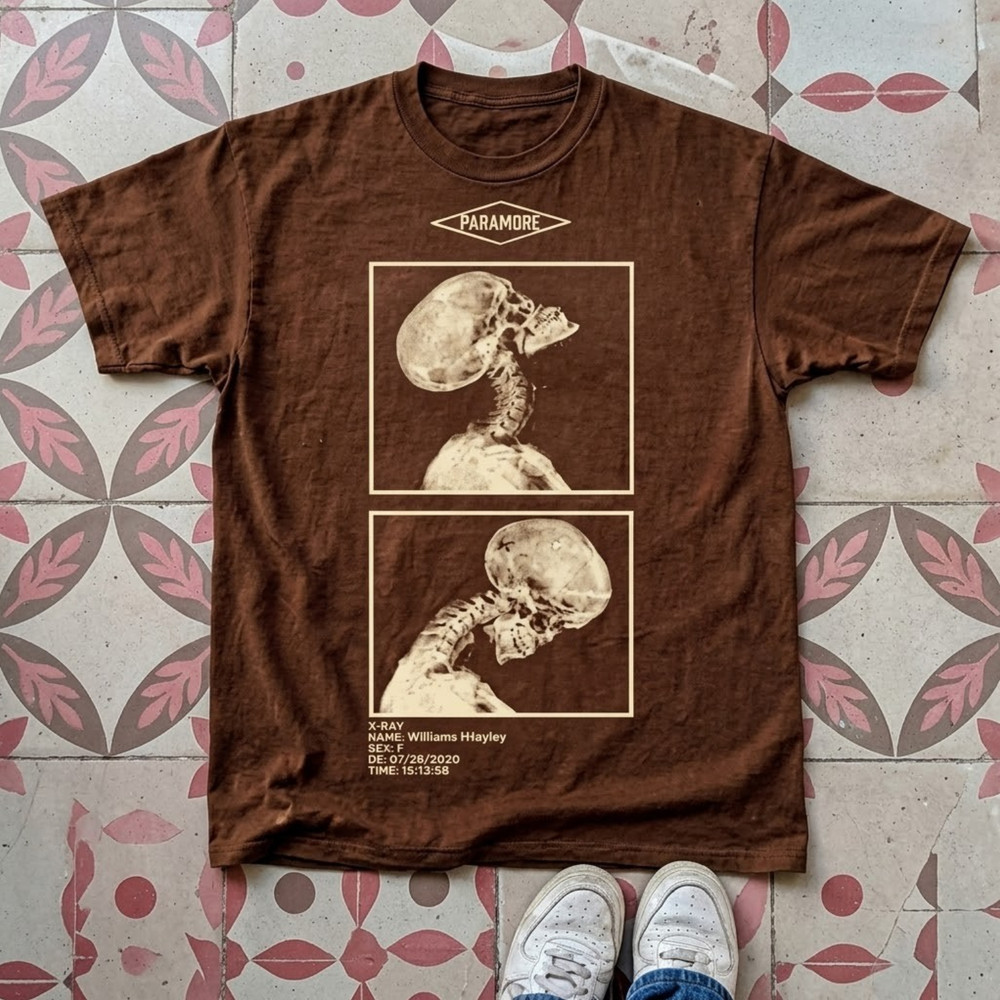 Paramore Brown Graphic T-Shirt X-Ray Skeleton Vintage Style Band Tee