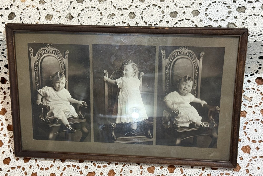 Antique STUNNING Baby Toddler Photo Collage 1800s Ornate Chair Creepy As Is