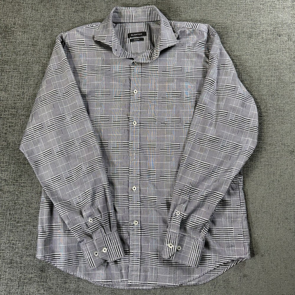 Bugatchi Men’s L Classic Fit Shirt Long Sleeve Button Check Black White