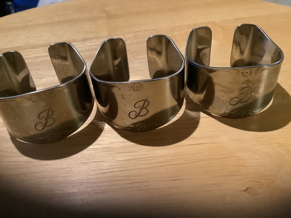 Vintage Monogram B Floral Accent Stainless Steel Napkin Rings Set of 3
