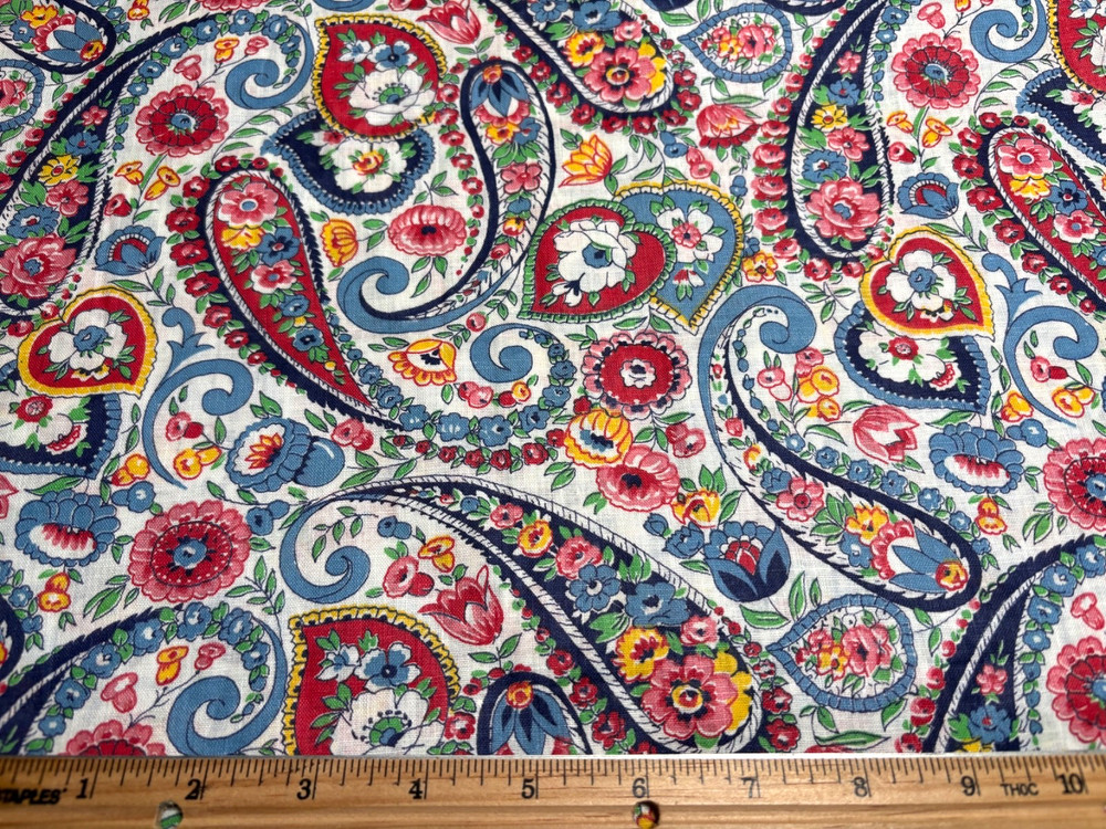 Antique Vintage Cotton Fabric 1940s BEAUTIFUL Blue Red Yellow Floral 35w 1/2yd