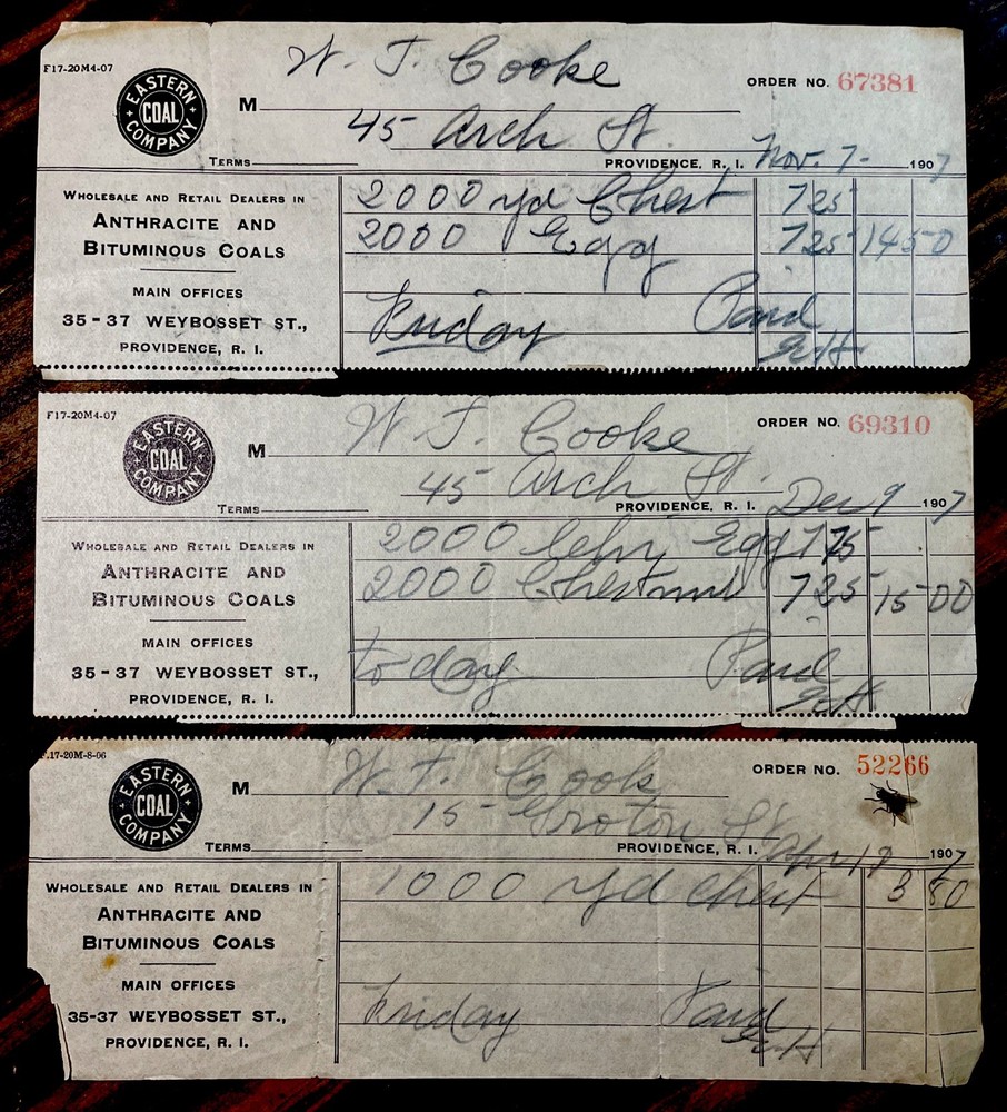 (3) 1907 Eastern Coal Company Providence Rhode Island Receipts 35-37 Weybosset