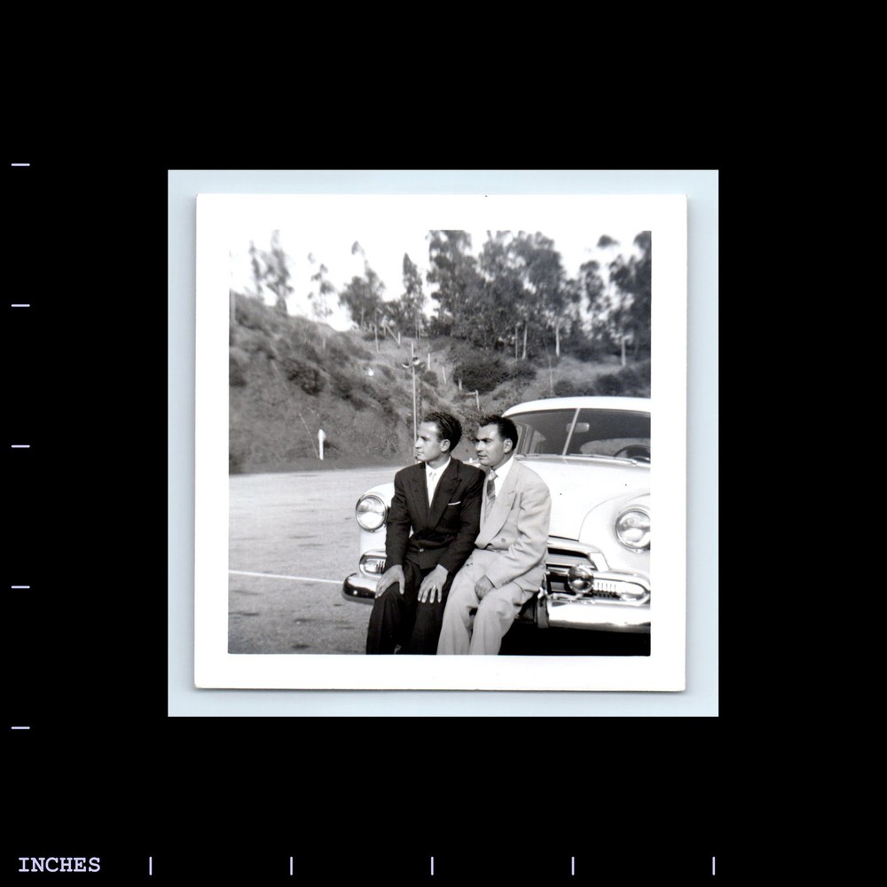Old Square Photo MEN SITTING ON BUMPER OF CLASSIC CAR