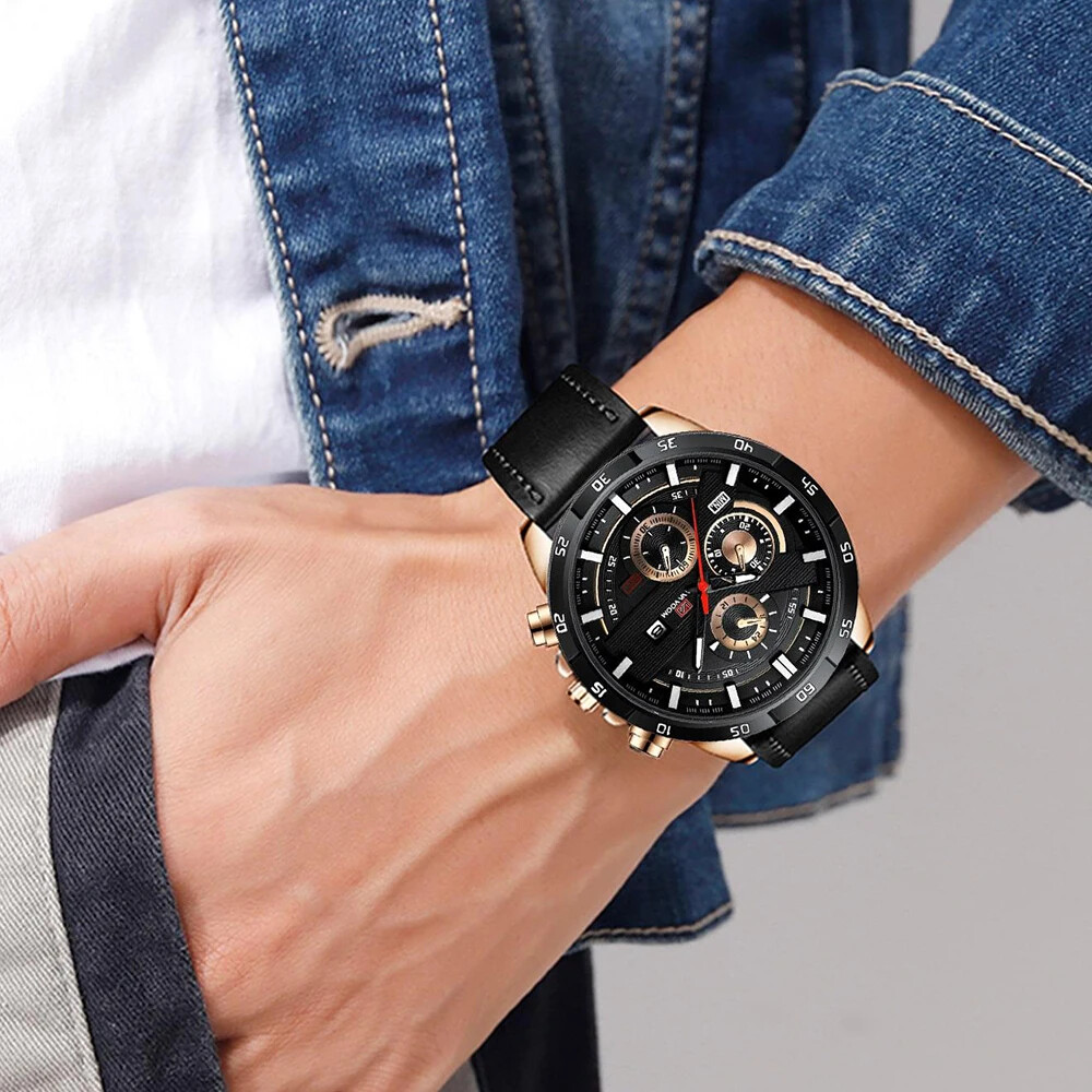 46mm Men's Rose Gold Leather Sports Watch with Quartz Movement & Calendar