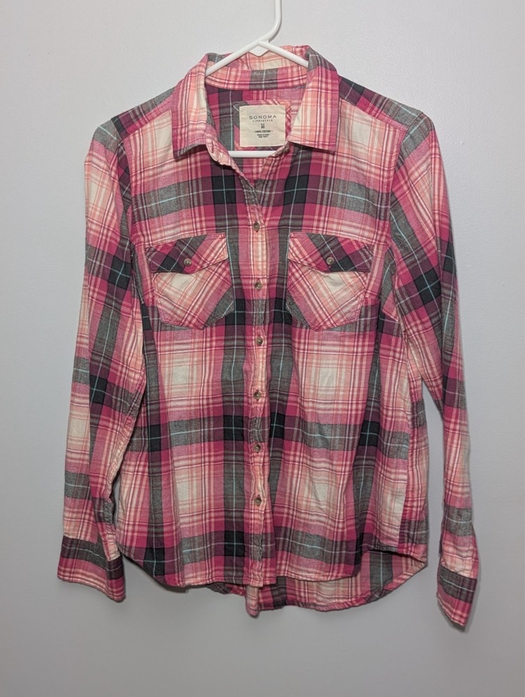 Z1 Sonoma Shirt Women Size Medium Pink Plaid Long Sleeve Button Up