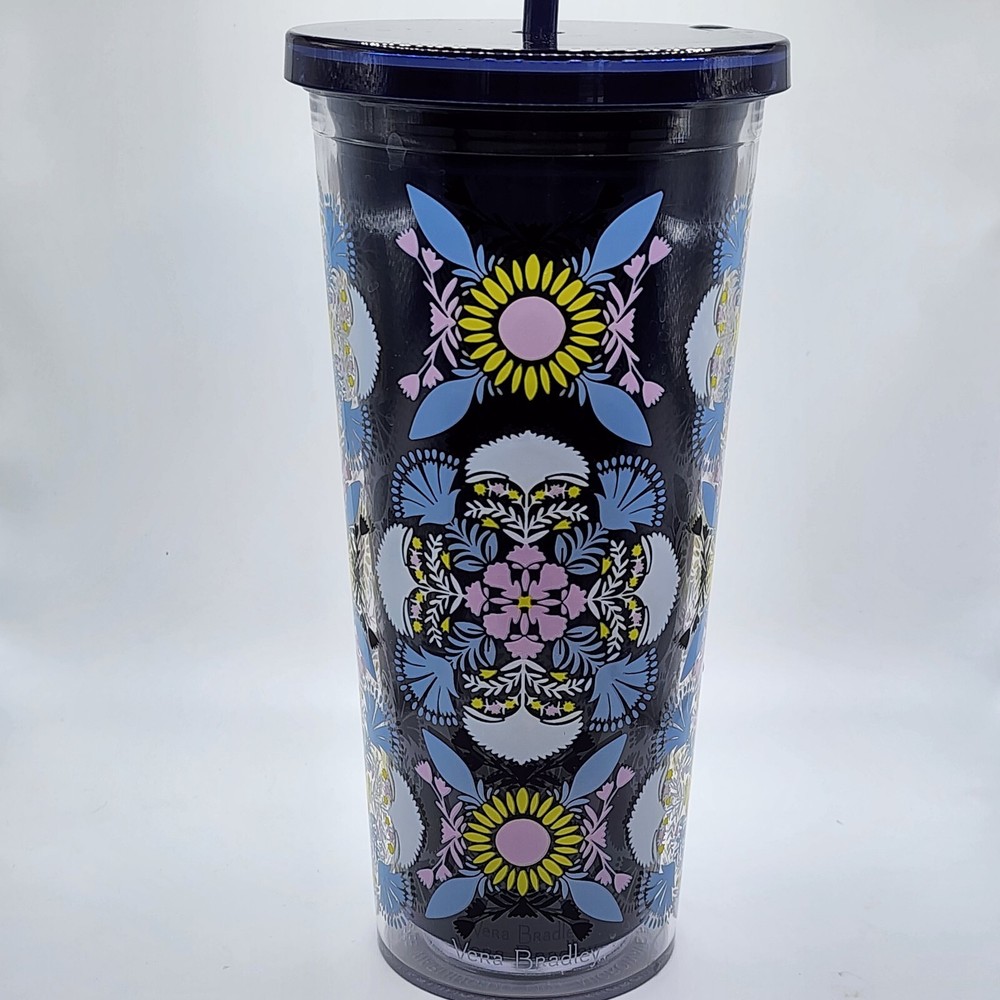 Vera Bradley Double Wall Tumbler With Straw And Lid  PLAZA MEDALLION  PINK 24 oz