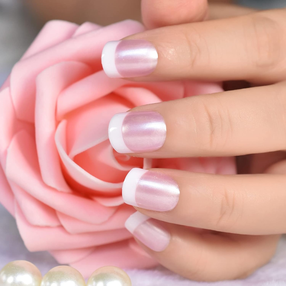 Summer Nails Glossy Pearl Pink White French False Nails Short Squoval Press on N