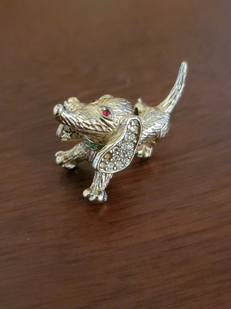 Ciner Dachshund Silver Tone Pin Brooch Faux Pearls And Rhinestones