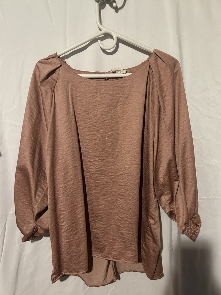 UMGEE Womens L Brown Solid Satin Scoop Neck 3/4 Puff Sleeve Pullover Blouse