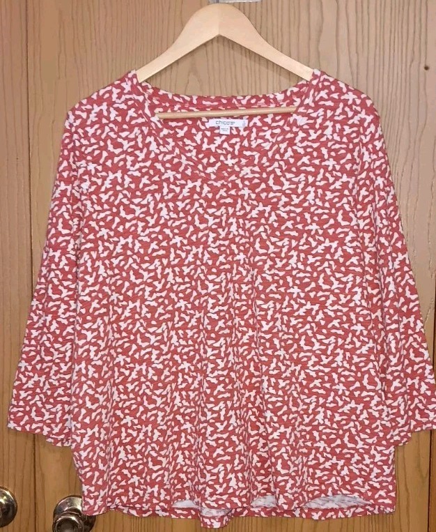 Chicos Long Sleeve Blouse Shirt Womens Size 4/XXL Red Animal Print Long...