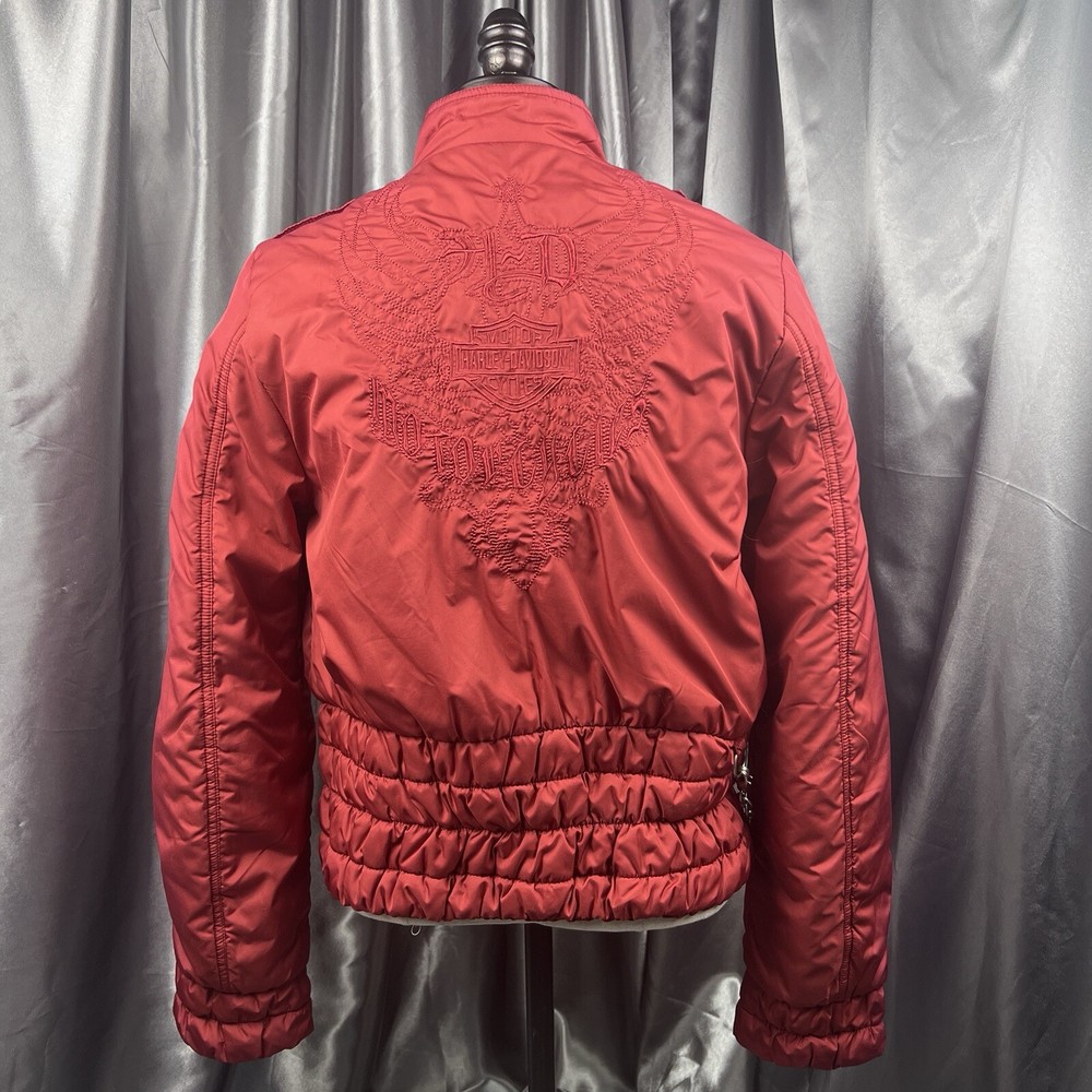 Harley Davidson Women's S Puffer Jacket Dark Red Full Zip Embroidered Biker Y2K