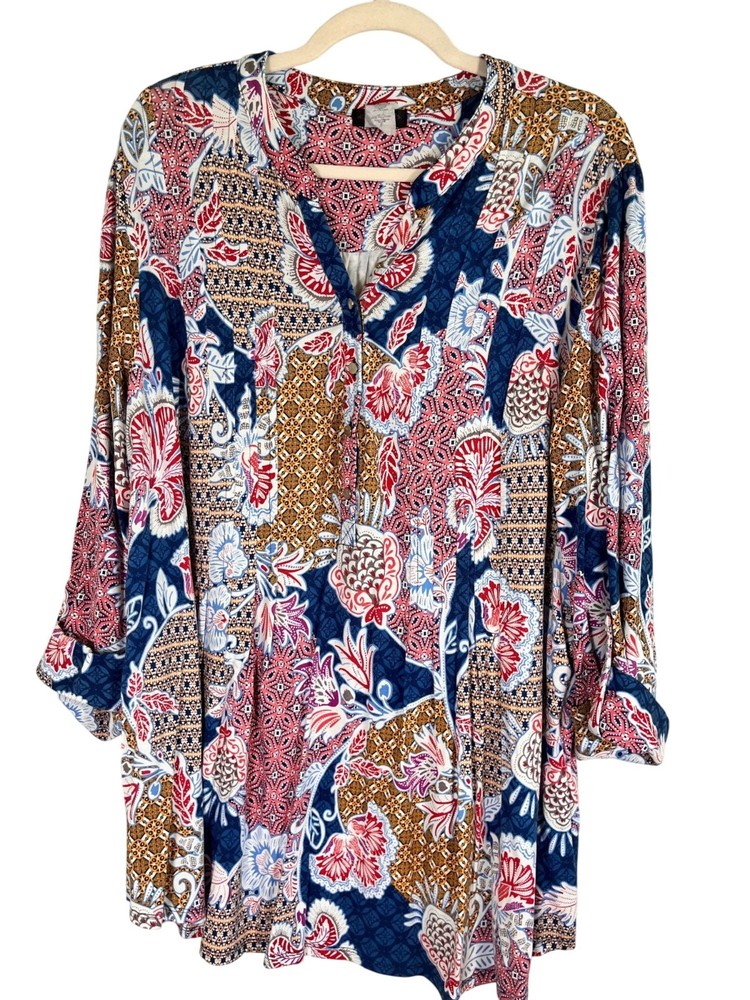 Cocomo Floral Tunic Top 3X Colorful Tropical Resort Preppy Classic Paisley Artsy