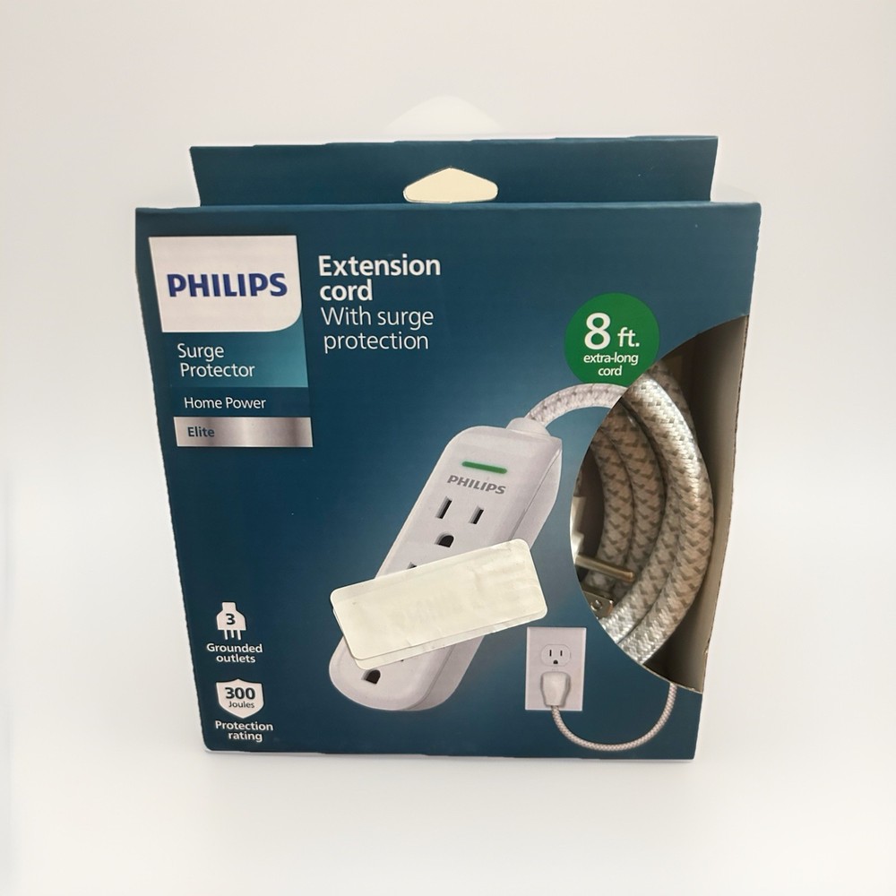 NEW Philips Elite 3-Outlet Surge Protector w/ 8ft Braided Extension Cord , White
