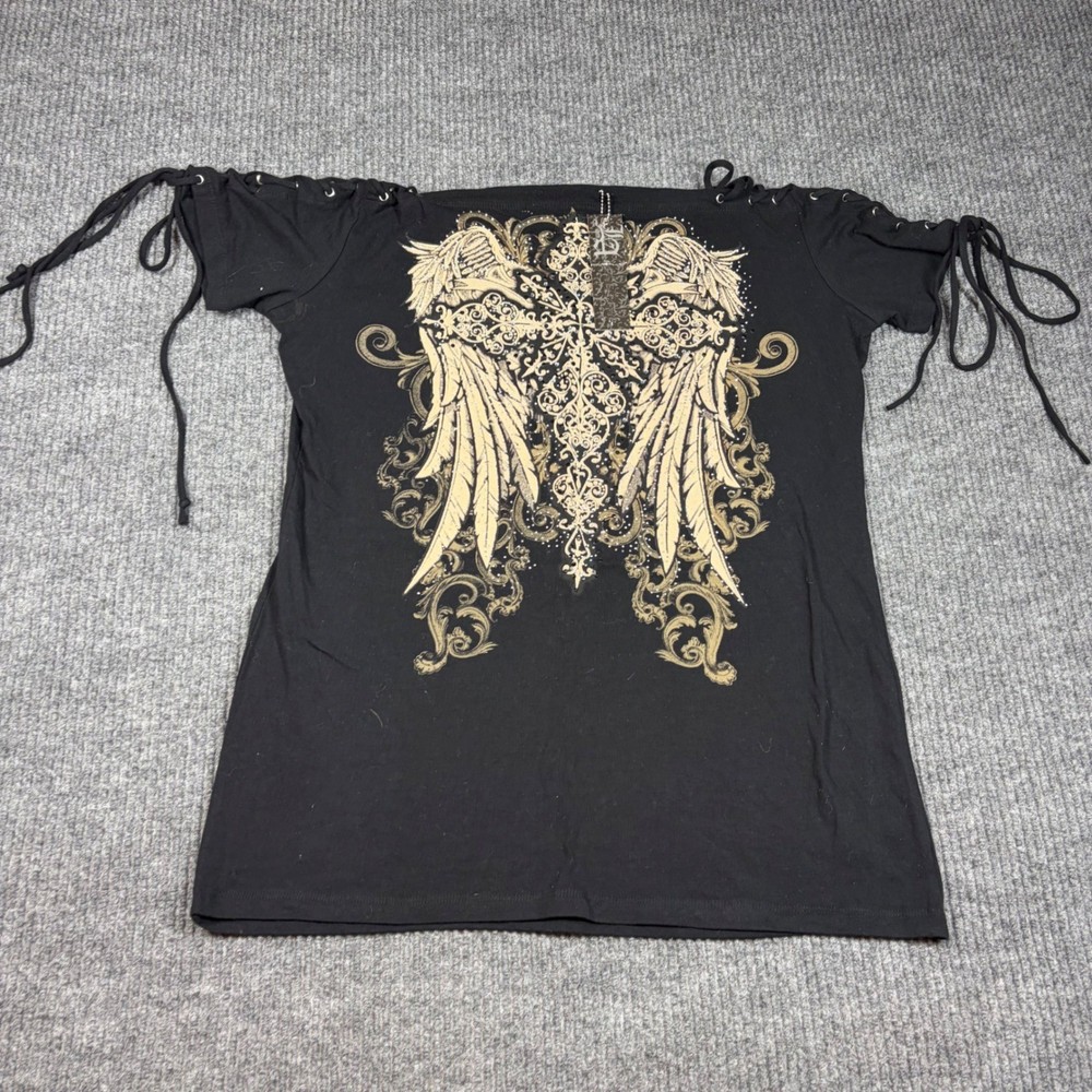 Bus Stop From Los Angeles Shirt Women's 2X Black Angel Wings Cross Rhinestone