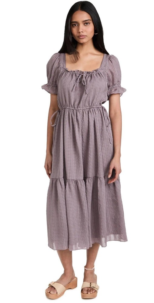 Madewell Square-Neck Tiered Midi Dress in Textured Seersucker Size S