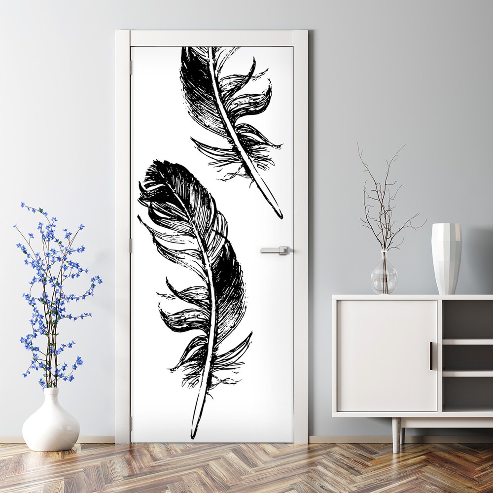 Feather Black White Bubble-Free Door Decal Bird Pattern Home Sticker