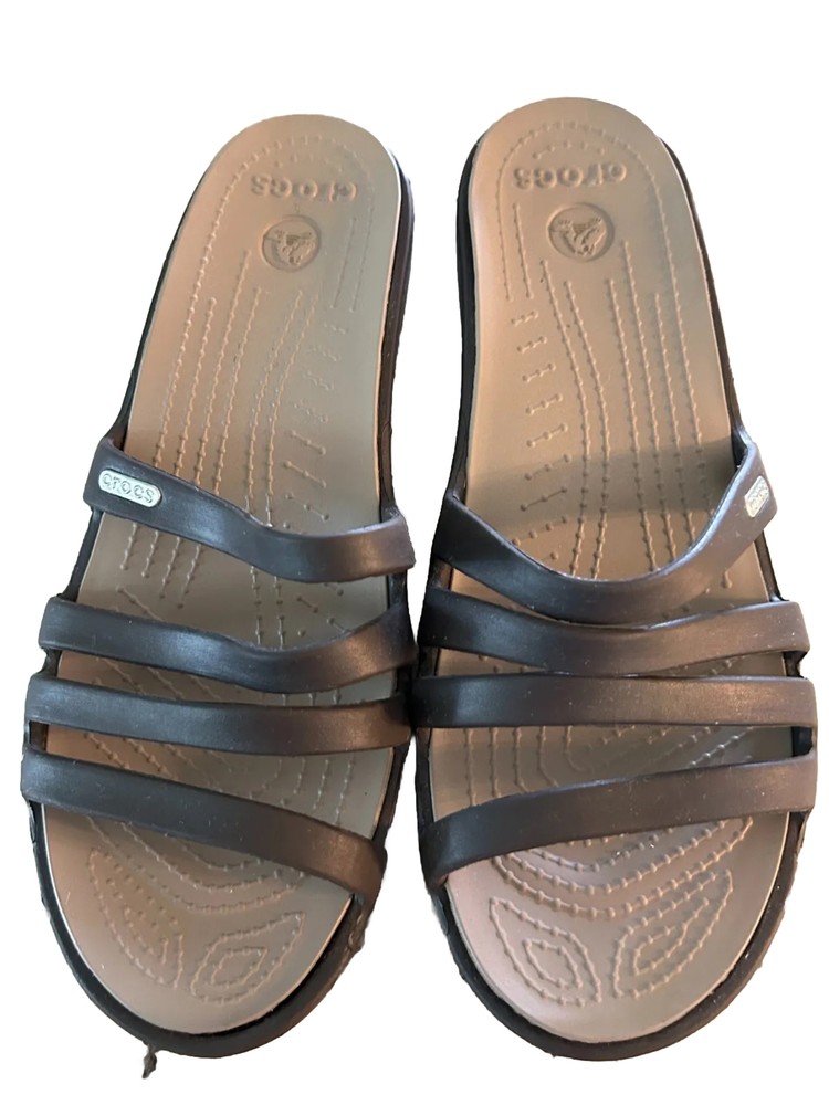 Crocs Sandals Womens 9 Platform Wedge Rubber Strappy Slides Flip Flops Black