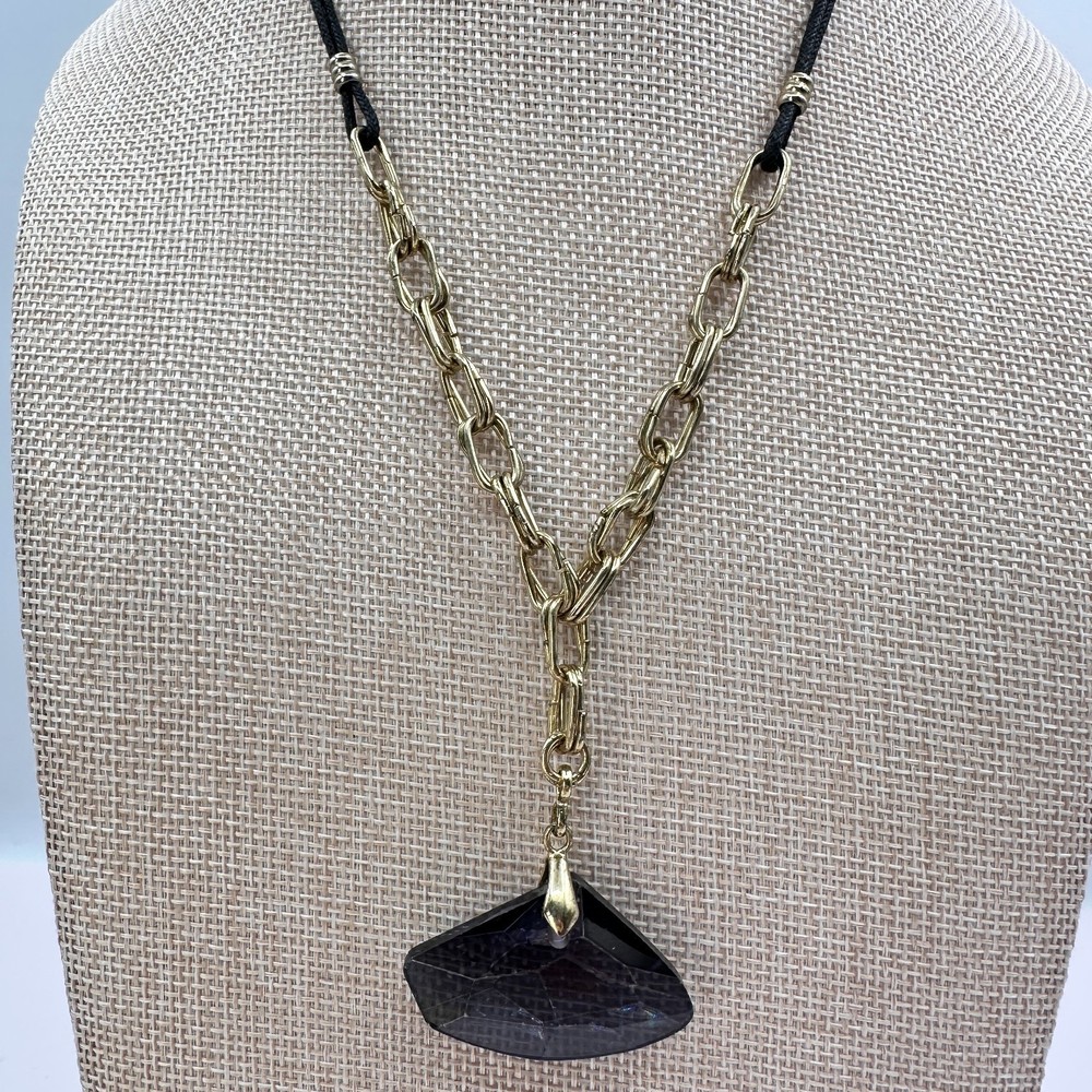 Vintage Y2K Gold Tone Chain Black Cord Smoky Quartz Pendant Necklace Jewelry