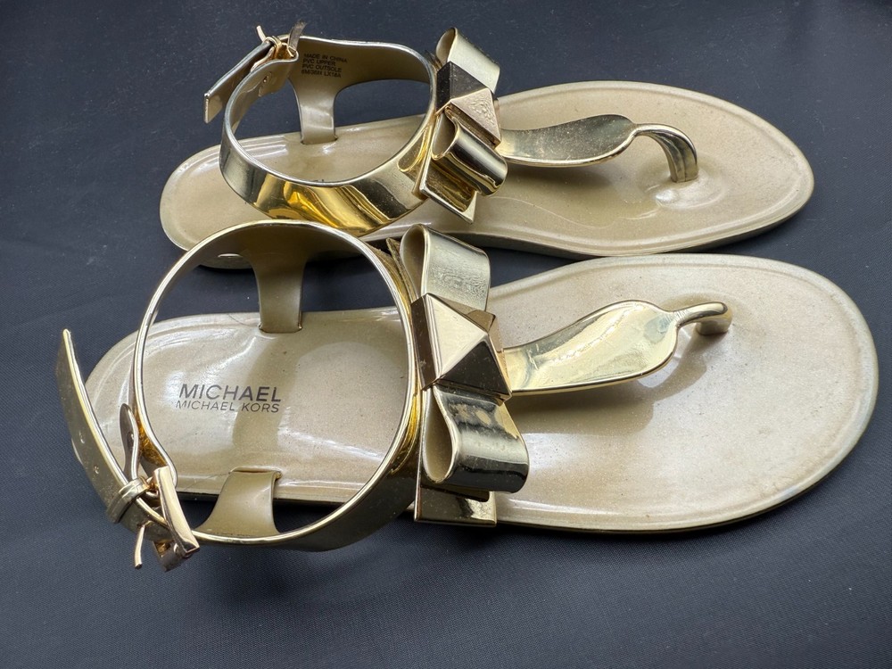 Michael Kors Thong Jelly Sandals Womens Size 6M Metallic Gold Bow Slingback Flat