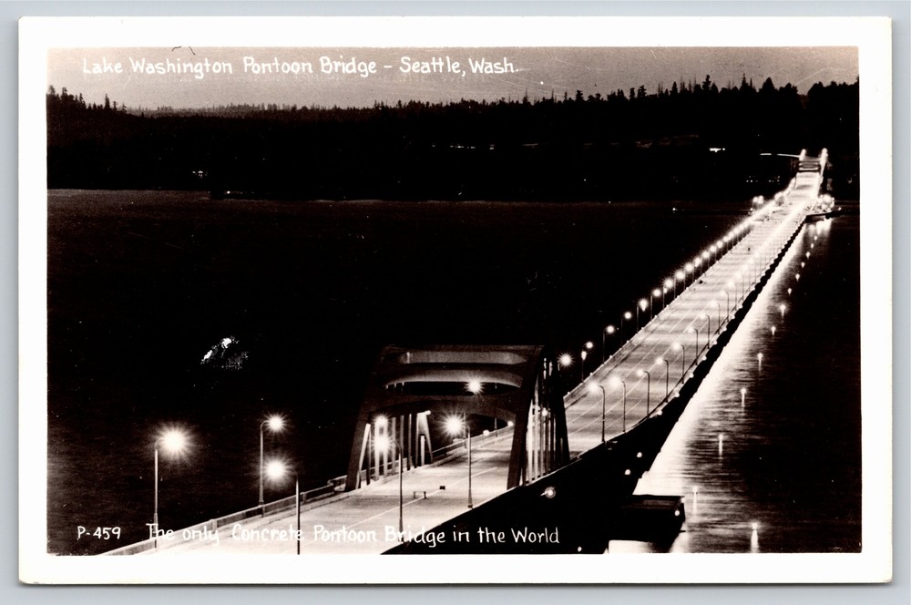 RPPC~Lake Washington Pontoon Bridge Seattle~Night Lights~Real Photo Postcard