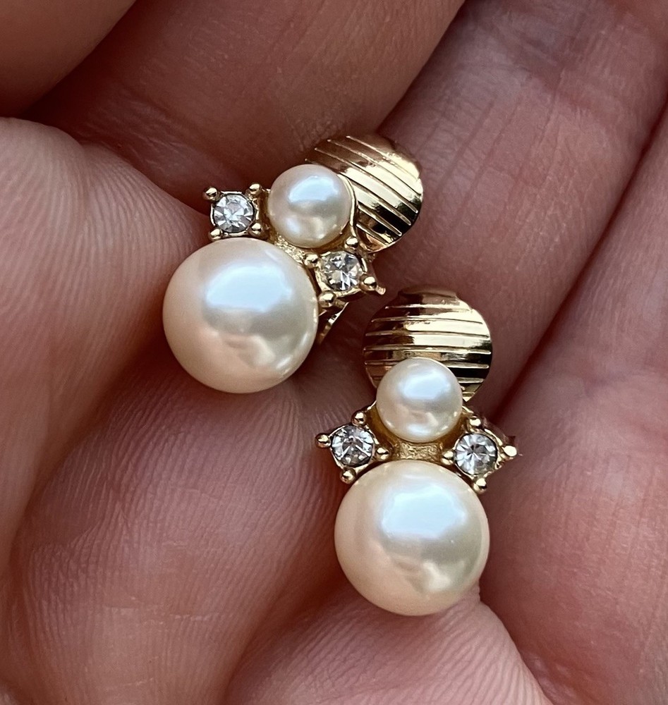 Christian Dior Clip Earrings, Signed, Gold Tone, White Pearls & Rhinestones