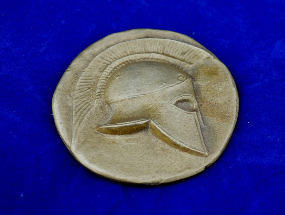 Achilles Paperweight Helmet and Shield Desk Press Papier Bronze Patina Aged-image