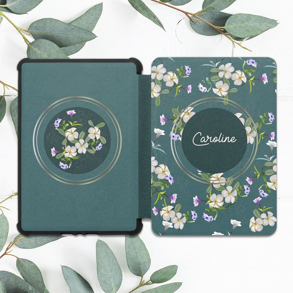 Custom Floral Green Book Case for Kindle 10th Gen & Paperwhite Personalizable Name