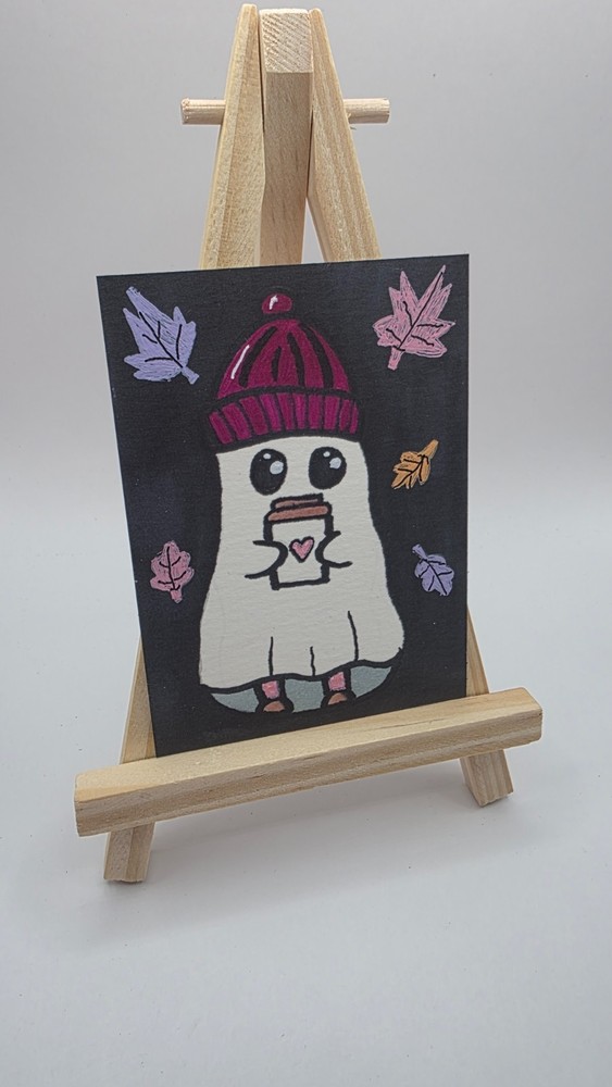 Cozy Haunts ACEO Original Ghost Art – Flower Ghost with Black Cat – Halloween Mi