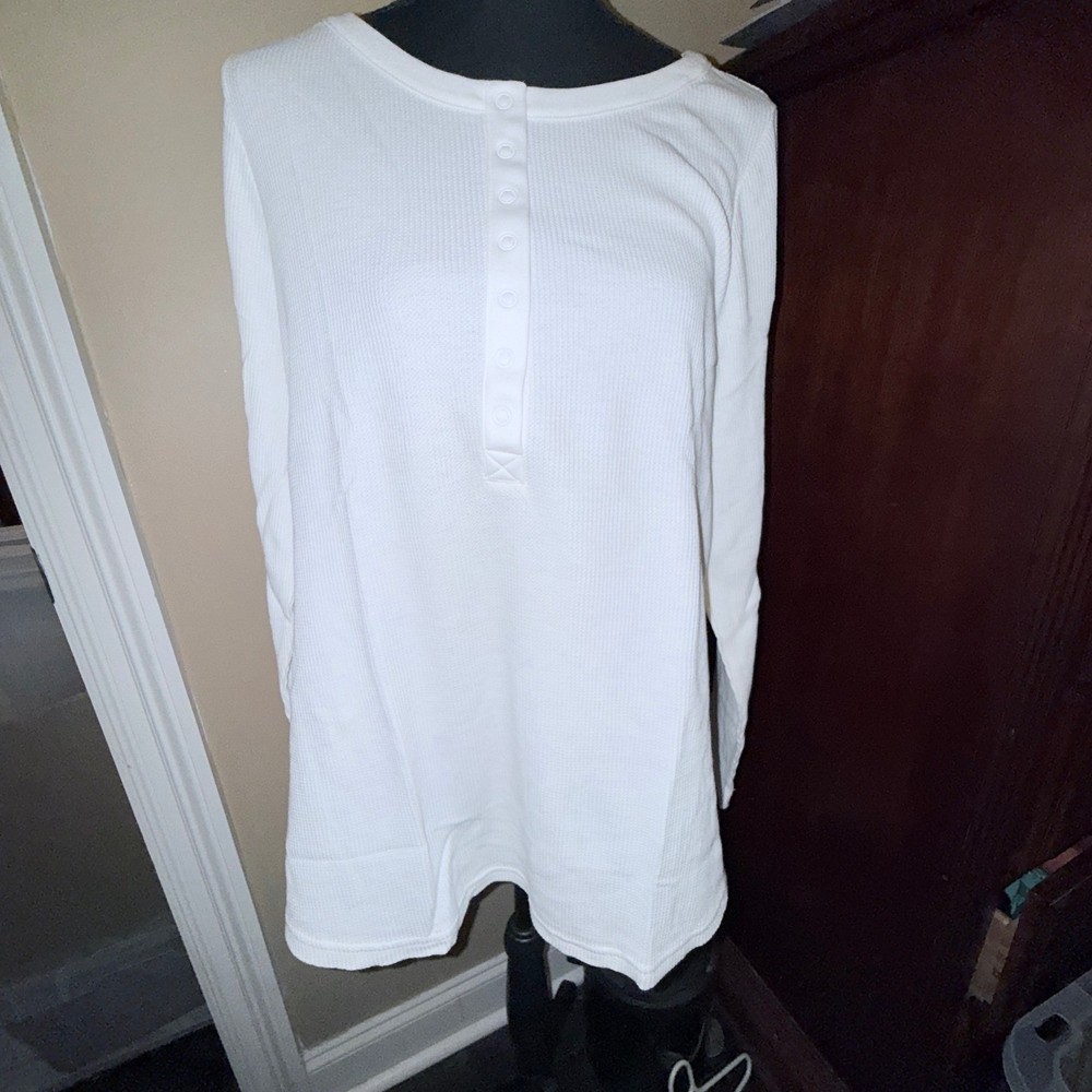 2Pk Terra & Sky Henley Top Womens 1X White & Gray NEW Waffle Knit Long Sleeve
