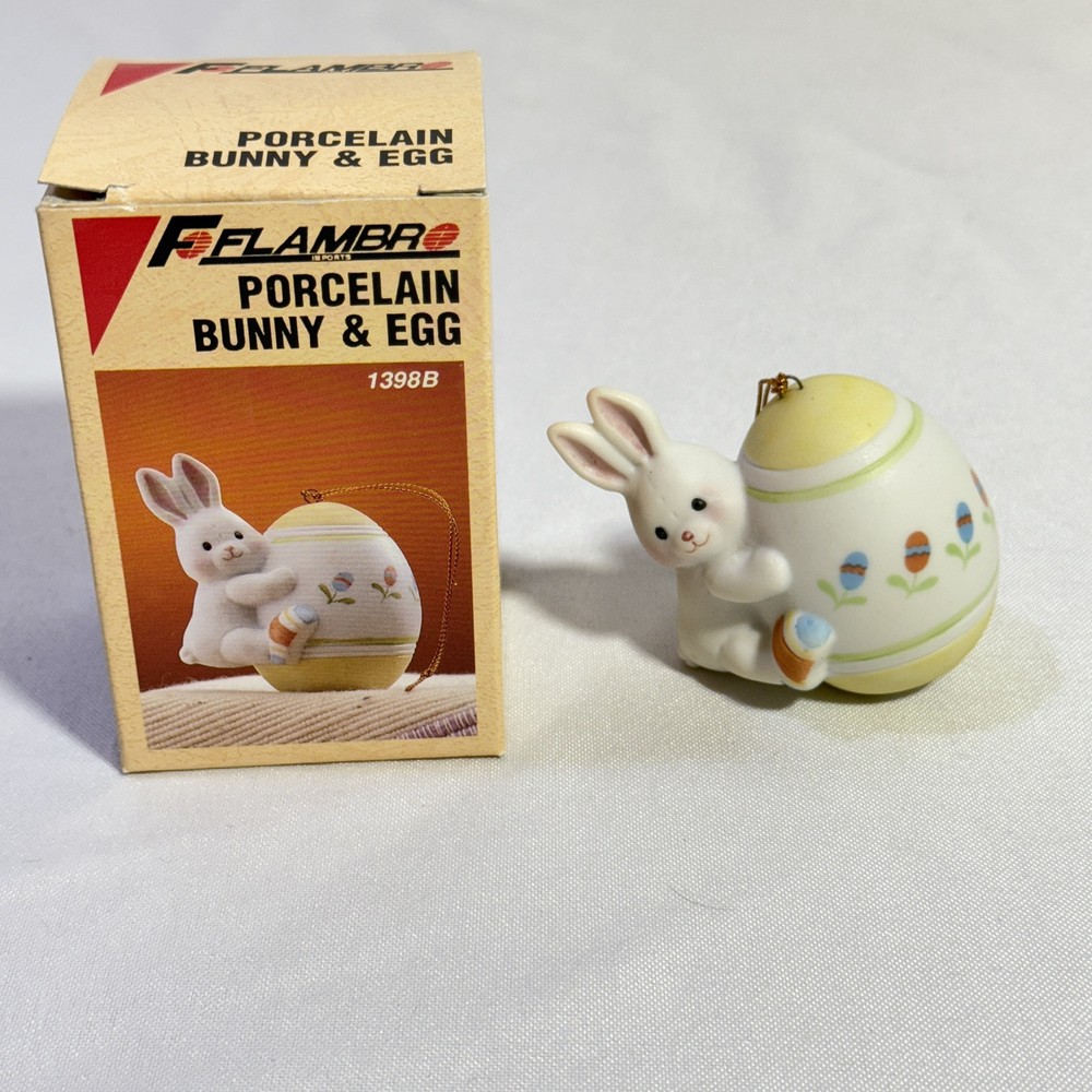 Vintage 1989 Flambro Porcelain Bunny & Egg Easter Ornament with Box