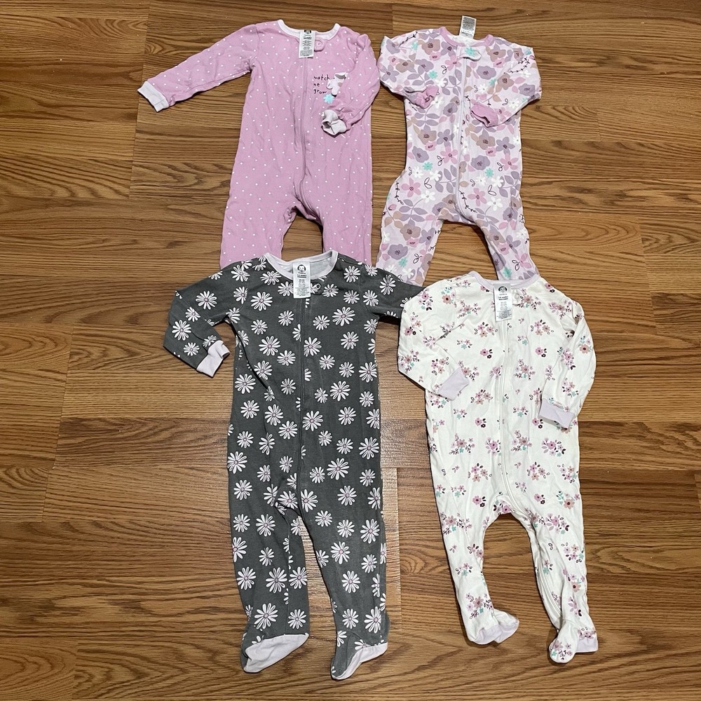 Gerber Lot Of 4 Girls Footed Pajamas Dotted Floral  Print Sz 3-6 Months