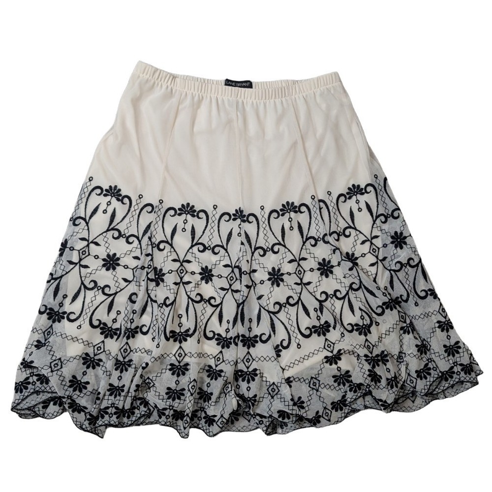 Lane Bryant Midi Skirt Embroidered Floral Boho Cream Size 14/16 Elastic Waist