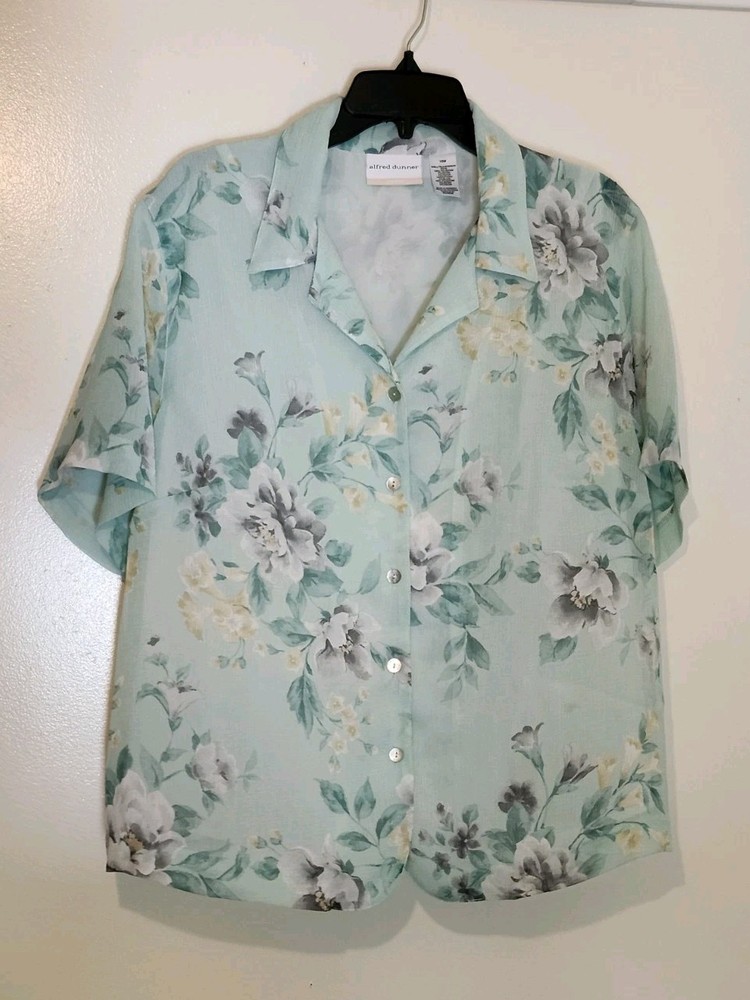 Alfred Dunner Blouse Size 16W Light Green Floral Short Sleeve
