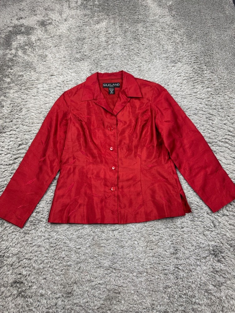 Silk Land Jacket Women 8 Petite Red Floral Embellished Lightweight Career Blazer