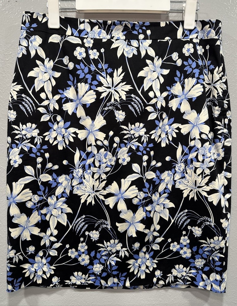 Talbots Skirt Women's Size 12 Black Blue Floral Print Pencil Preppy Lining Zip