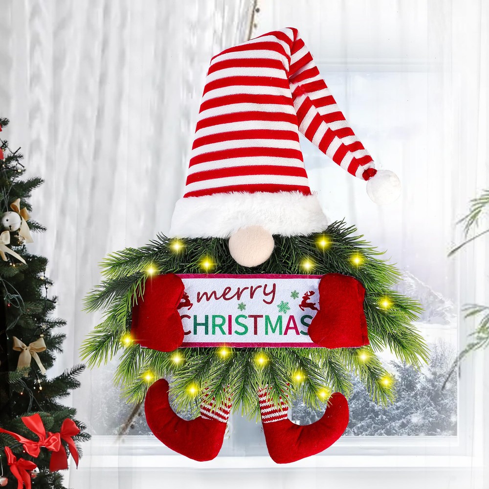 Festive Lighted Christmas Gnome Wreath Hanging Decor with Santa Charm  