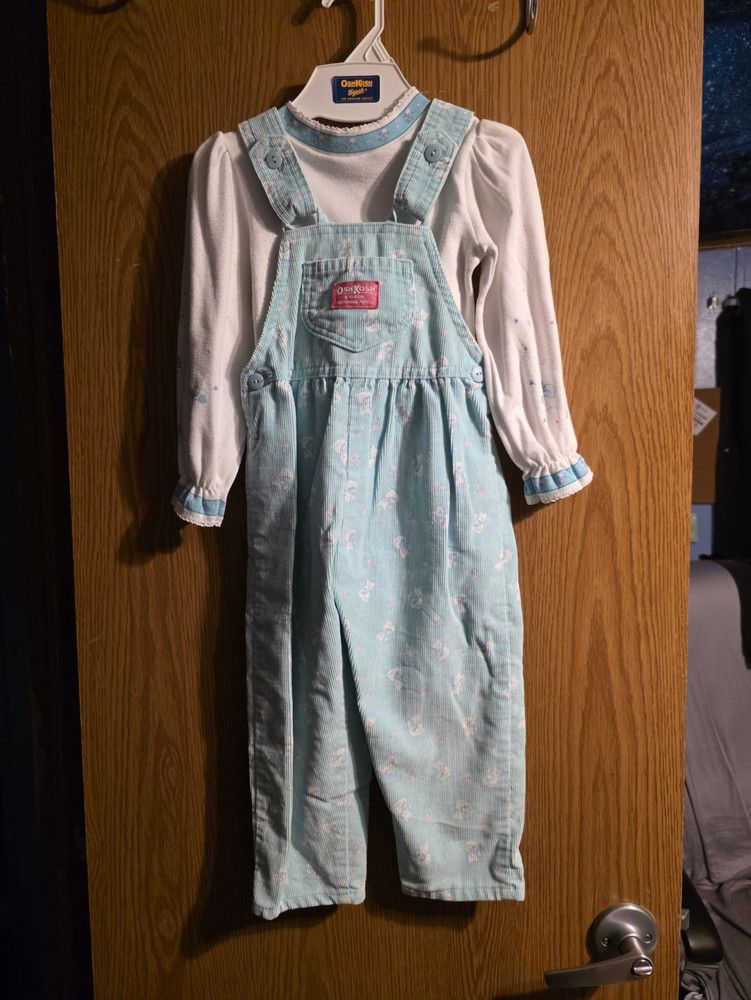 OshKosh B'gosh Girls 3T Vintage 2pc Floral & Cats Corduroy Overalls & White Top