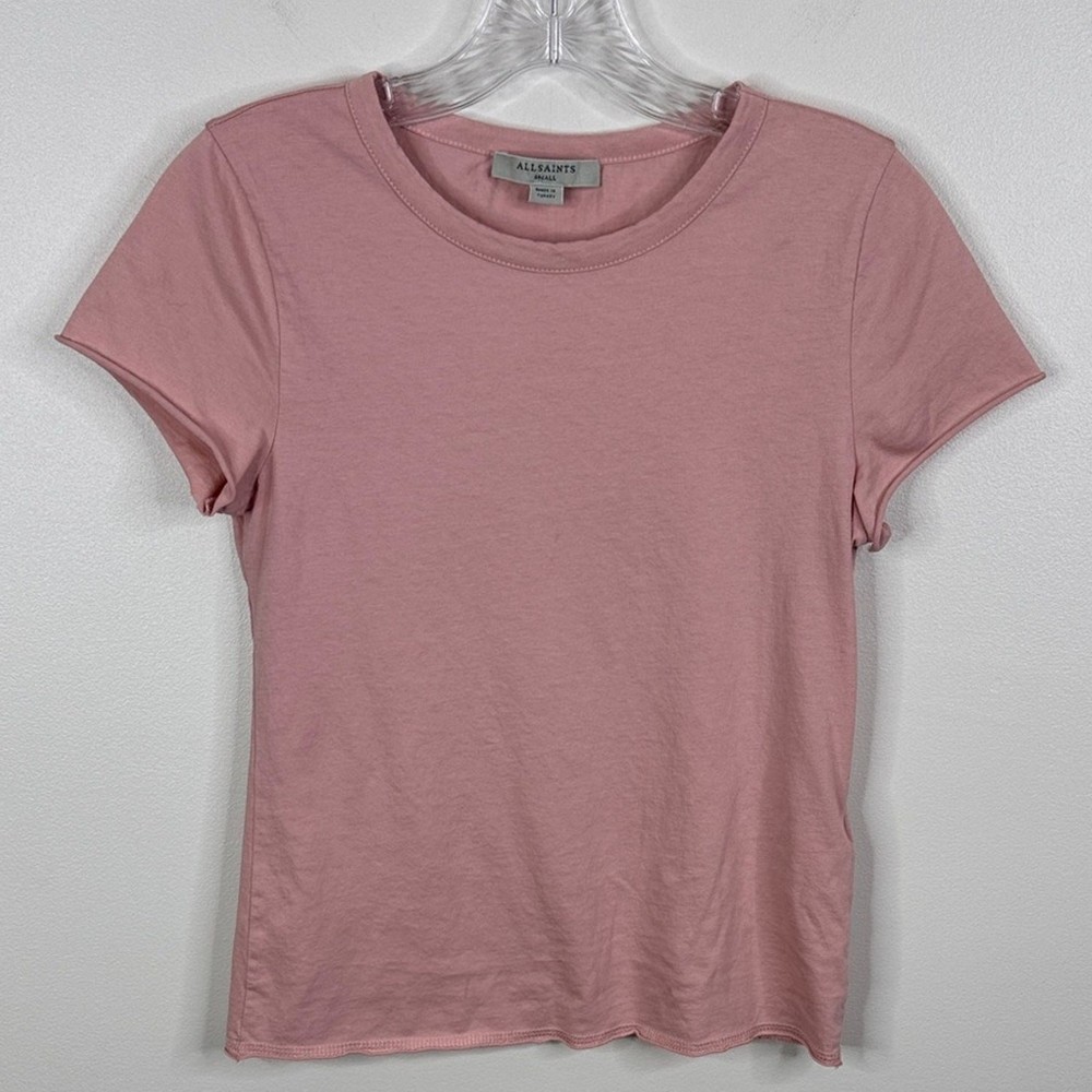 AllSaints Women's S Pink Raw Hem Tee Distressed Cotton Minimalist Short Sleeve