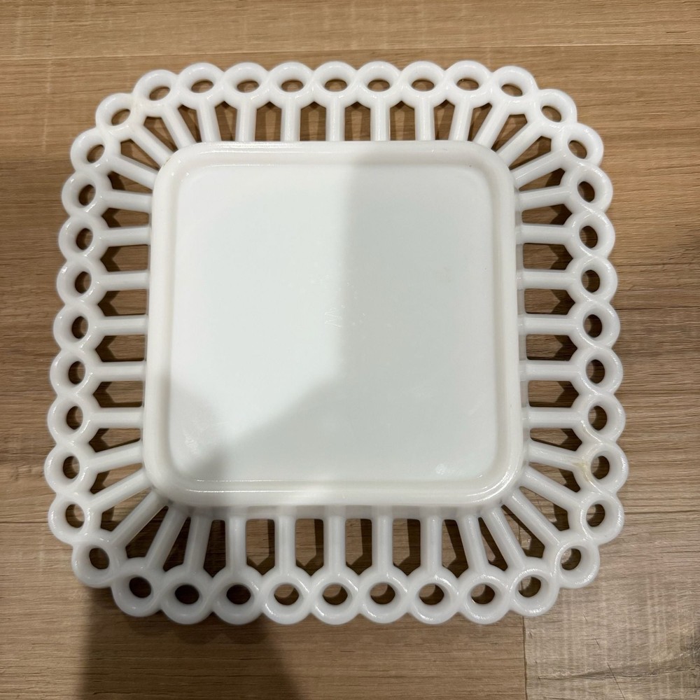 Vintage Westmoreland White Milk Glass Square Plate Lace Edge 8.5
