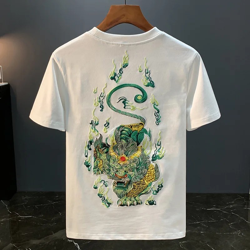 Men Embroidery Dragon Graphic T-Shirt Casual Short Sleeve Crewneck Cotton Tee