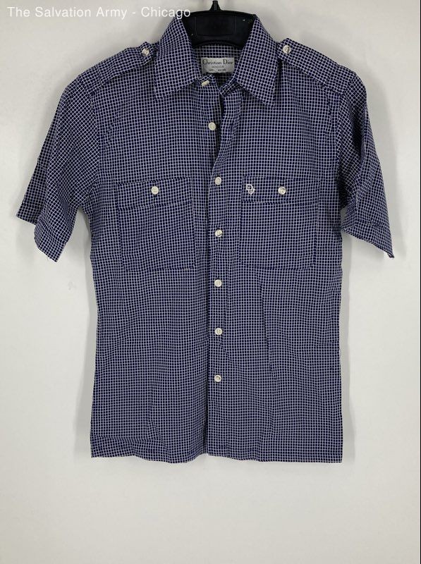 Christian Dior Mens Dark Blue Check Collared Short Sleeve Button-Up Shirt Sz S